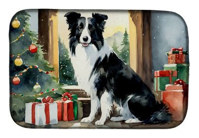 Border Collie Cozy Christmas Dish Drying Mat Absorbent Dish Drying Mat Pad for Kitchen Counter Dish Drainer Mat for Countertop, 14 x 21", Multico