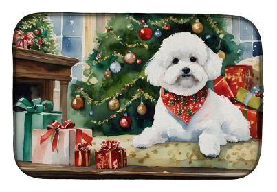 Bichon Frise Cozy Christmas Dish Drying Mat Absorbent Dish Drying Mat Pad for Kitchen Counter Dish Drainer Mat for Countertop, 14 x 21", Multicol